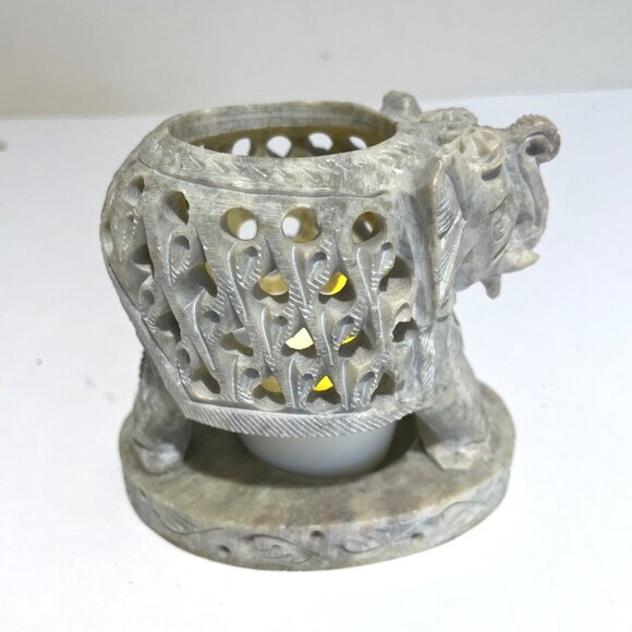 Carved Filigree Soapstone Elephant Figurine Candle Holder Votive Tealight India - Picture 1 of 10
